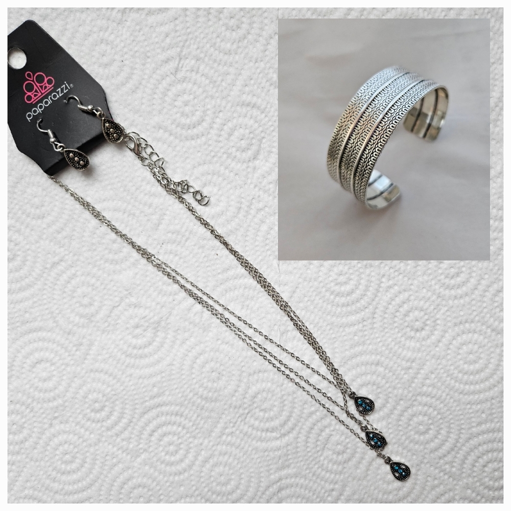 NWT and NWOT Paparazzi Necklace/Earrings Set and Cuff Bracelet, Silvertone